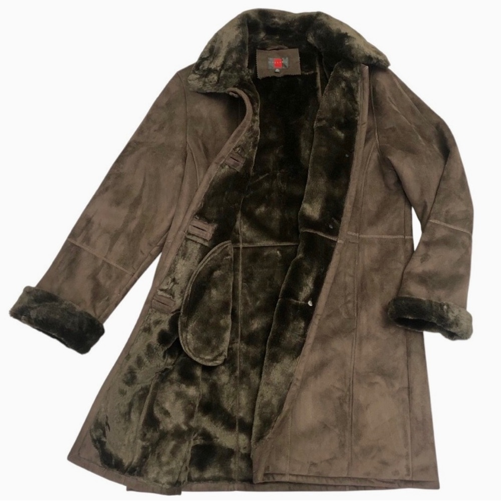 Gallery XL Faux Fur Faux Shearling 3/4 Long Coat Brown
